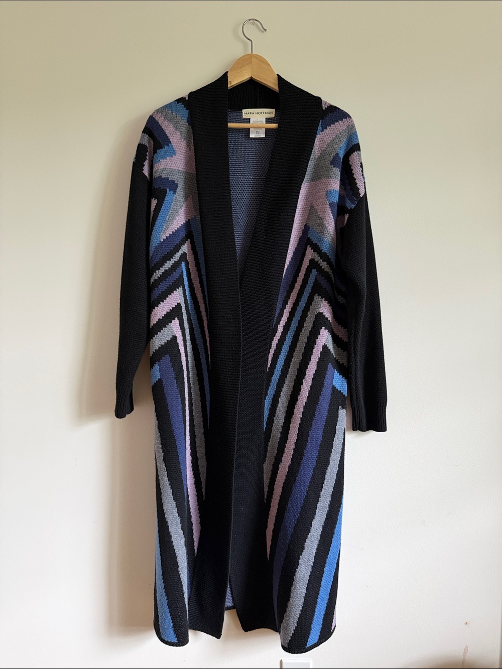 Mara Hoffman Long Open-Front Cardigan Black Blue Purple Chevron Pockets (Small)